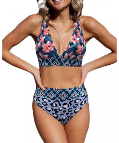 Bikini Sets for Women Floral Print High Waisted Bathing Suits V Neck Two Piece Swimsuit Floral-3 $16.10 Swimsuits