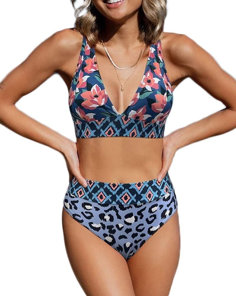 Bikini Sets for Women Floral Print High Waisted Bathing Suits V Neck Two Piece Swimsuit Floral-3 $16.10 Swimsuits