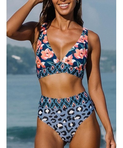 Bikini Sets for Women Floral Print High Waisted Bathing Suits V Neck Two Piece Swimsuit Floral-3 $16.10 Swimsuits