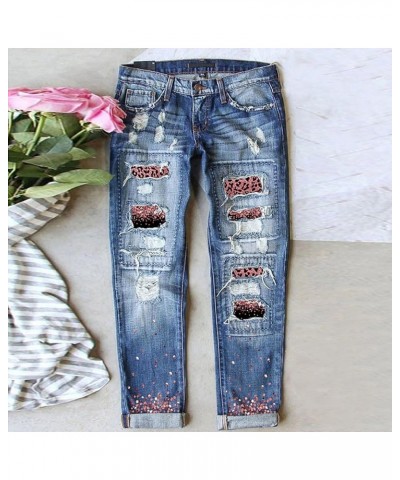 Womens Patchwork Stretch Boyfriend Distressed Ripped Jeans Sunflower Print Ripped Destroyed Denim Pants with Pockets 32-blue ...