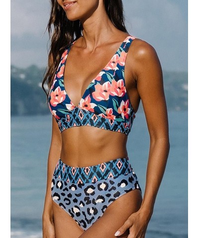 Bikini Sets for Women Floral Print High Waisted Bathing Suits V Neck Two Piece Swimsuit Floral-3 $16.10 Swimsuits