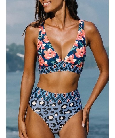 Bikini Sets for Women Floral Print High Waisted Bathing Suits V Neck Two Piece Swimsuit Floral-3 $16.10 Swimsuits