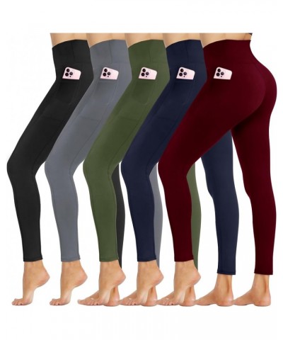 5 Pack Leggings for Women - High Waisted Tummy Control Soft Black Yoga Pants for Workout Athletic Gym Running Two Pockets Bla...