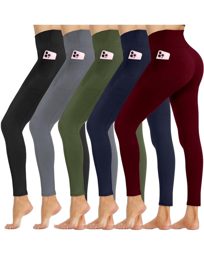 5 Pack Leggings for Women - High Waisted Tummy Control Soft Black Yoga Pants for Workout Athletic Gym Running Two Pockets Bla...