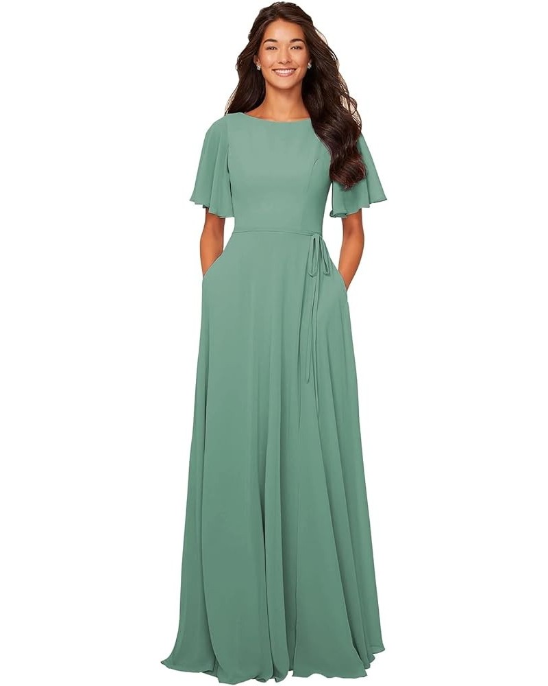 Women's Long Chiffon Bridesmaid Dresses A Line Bateau Neck Flutter Sleeve Formal Evening Prom Gown with Pockets Dusty Green $...