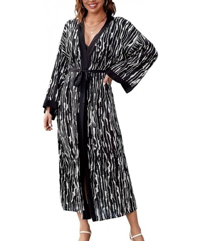 Women Casual Long Open Front Kimono Cover Up with Belt Loose Lightweight Cardigan Black-white Striped $16.11 Swimsuits