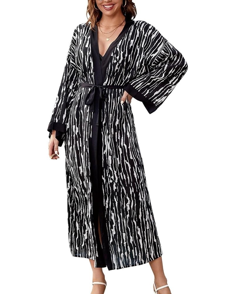 Women Casual Long Open Front Kimono Cover Up with Belt Loose Lightweight Cardigan Black-white Striped $16.11 Swimsuits
