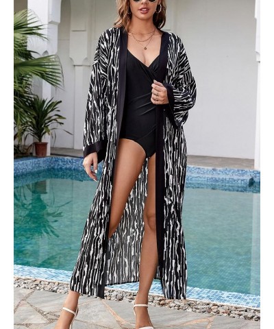 Women Casual Long Open Front Kimono Cover Up with Belt Loose Lightweight Cardigan Black-white Striped $16.11 Swimsuits