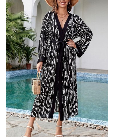 Women Casual Long Open Front Kimono Cover Up with Belt Loose Lightweight Cardigan Black-white Striped $16.11 Swimsuits