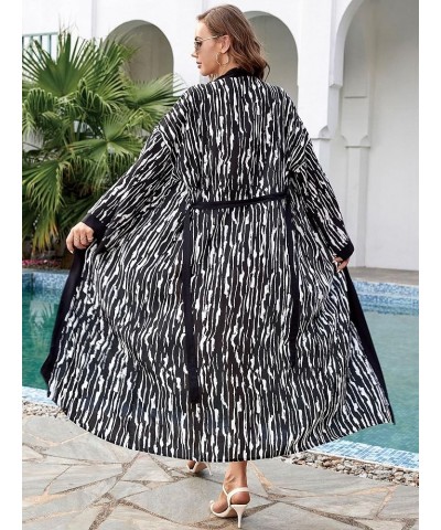 Women Casual Long Open Front Kimono Cover Up with Belt Loose Lightweight Cardigan Black-white Striped $16.11 Swimsuits