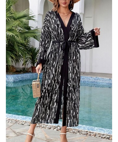 Women Casual Long Open Front Kimono Cover Up with Belt Loose Lightweight Cardigan Black-white Striped $16.11 Swimsuits