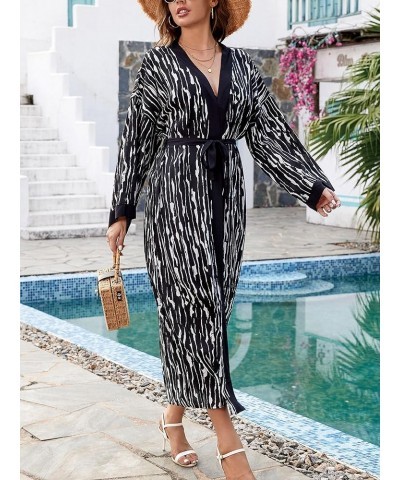 Women Casual Long Open Front Kimono Cover Up with Belt Loose Lightweight Cardigan Black-white Striped $16.11 Swimsuits