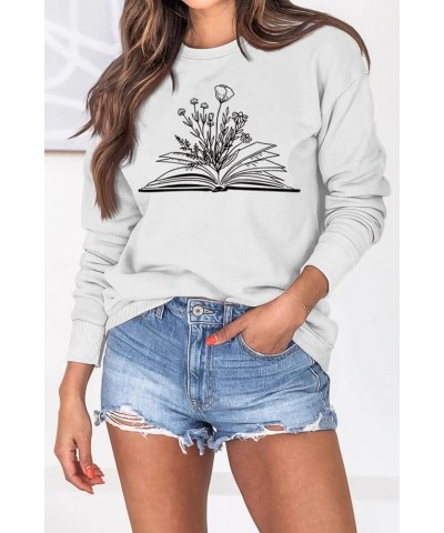 Book Reading Shirt Women Wildflowers Book Sweatshirts Reading Book Gift Top Long Sleeve Teacher Sweater Tops White $11.28 Hoo...