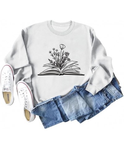 Book Reading Shirt Women Wildflowers Book Sweatshirts Reading Book Gift Top Long Sleeve Teacher Sweater Tops White $11.28 Hoo...