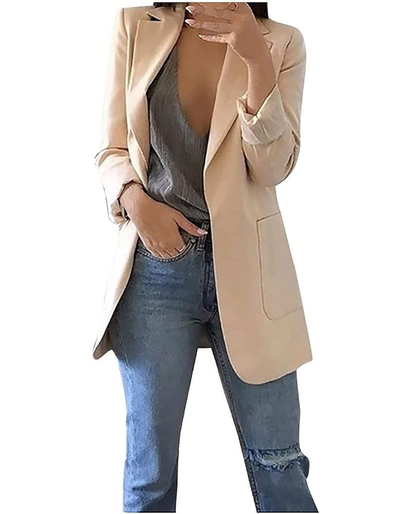 Solid Blazers for Women Business Casual 2023 Fall Long Sleeve Work Office Jacket Blazer Plus Size Open Front Cardigan A1-khak...