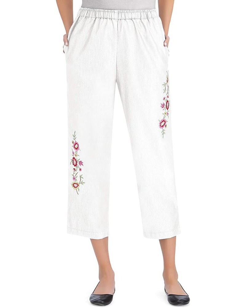 Floral Embroidered Denim Pull on Capri Pants for Ladies with Elastic Waist Stretch White $19.49 Jeans