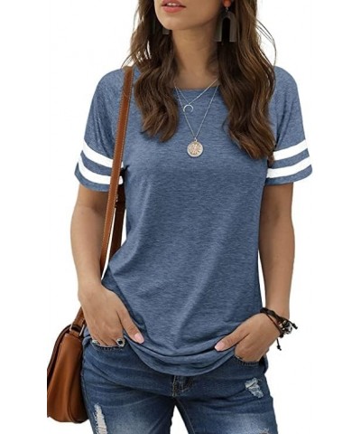 Womens T Shirts Short Sleeve Striped Color Block Leopard Casual Tops 21-ash Blue $10.19 T-Shirts