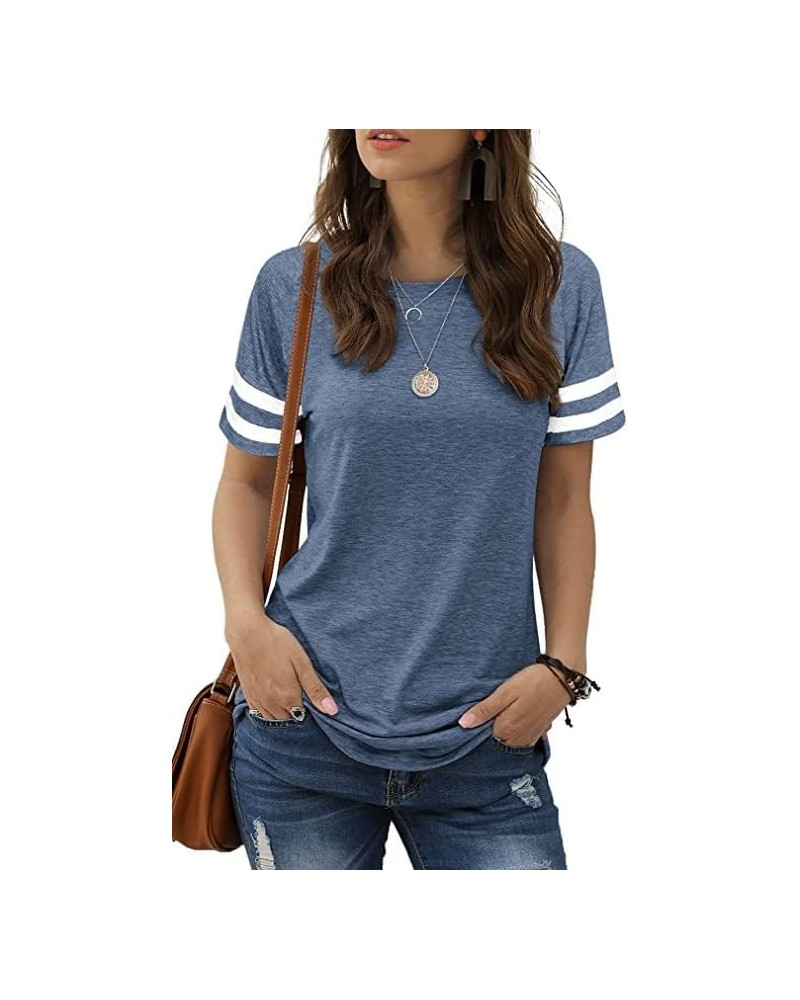 Womens T Shirts Short Sleeve Striped Color Block Leopard Casual Tops 21-ash Blue $10.19 T-Shirts