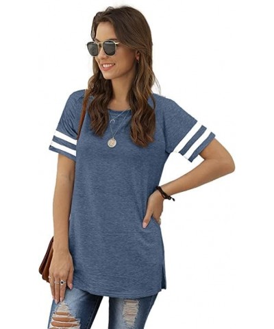 Womens T Shirts Short Sleeve Striped Color Block Leopard Casual Tops 21-ash Blue $10.19 T-Shirts