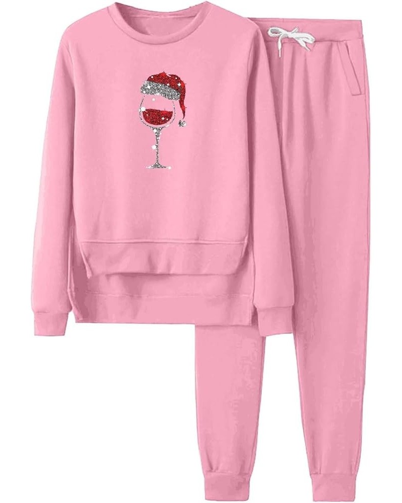 Christmas Outfits For Women Sweatsuit 2 Piece, Crew Neck Sweatshirt and Sweatpants Irregular Hem Pullover Tracksuit Sets Pink...