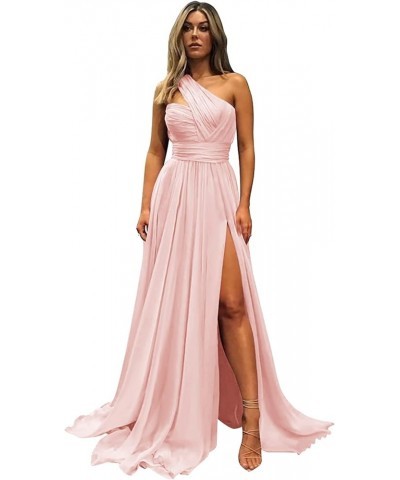 One Shoulder Bridesmaid Dresses for Wedding with Slit Pockets Long Prom Dress Chiffon Formal Evening Gown Blush Pink $34.76 D...