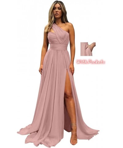 One Shoulder Bridesmaid Dresses for Wedding with Slit Pockets Long Prom Dress Chiffon Formal Evening Gown Blush Pink $34.76 D...