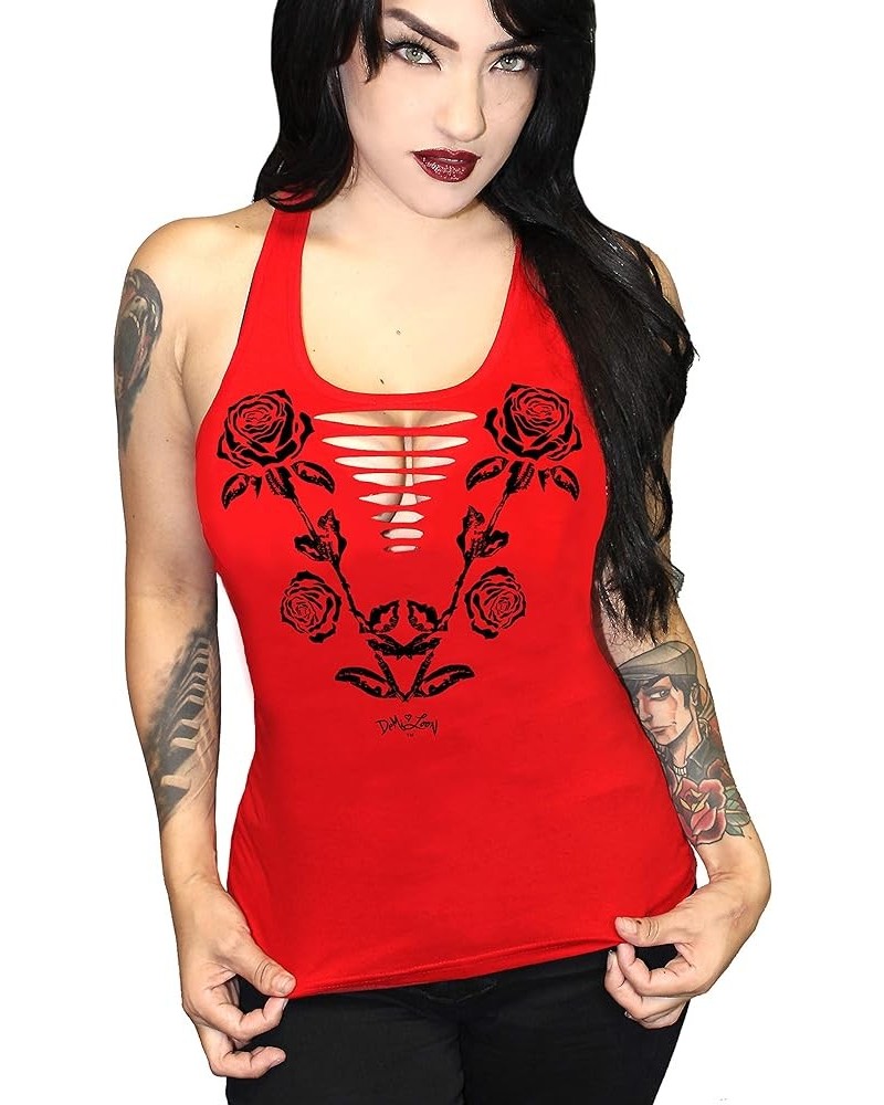 Sexy Cowgirl Biker Tank Top | Slashed Cut-Out Country Motorcycle Tee Tshirt | Graphic Punk Gothic Tank Top Red Blood Rose $11...