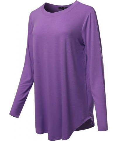 Women's Premium Solid Long Sleeve Round Hem Crew Neck Top Shirt Purple $6.81 T-Shirts