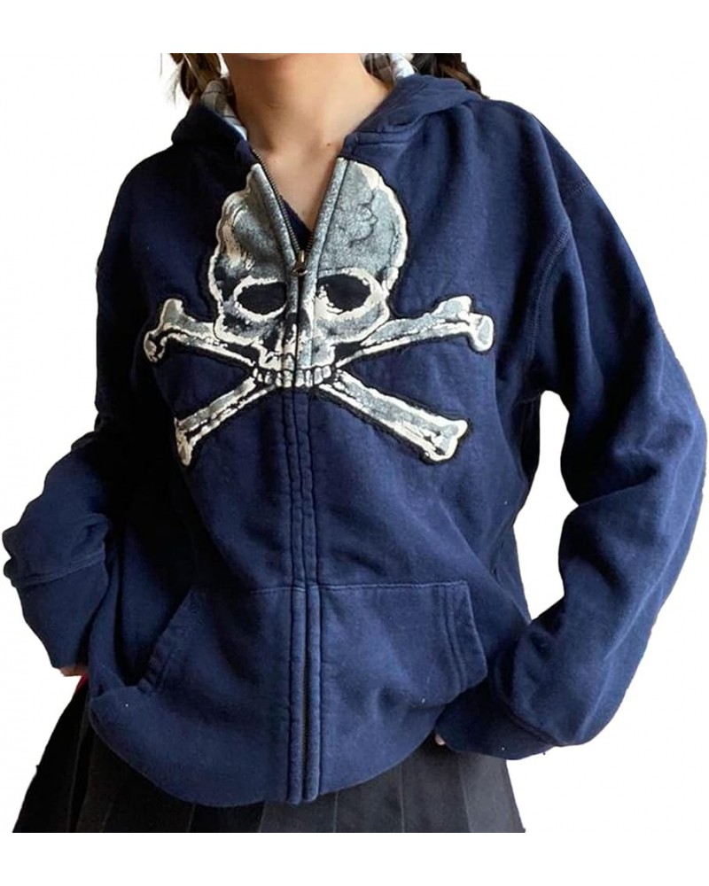 Y2k Hoodies Zip Up Women Oversized Graphic Sweatshirt Aesthetic Vintage Harajuku Grunge Teen Girls Halloween Jacket Blue Skul...
