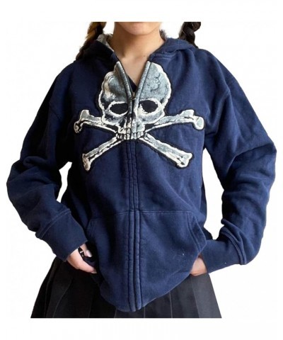 Y2k Hoodies Zip Up Women Oversized Graphic Sweatshirt Aesthetic Vintage Harajuku Grunge Teen Girls Halloween Jacket Blue Skul...