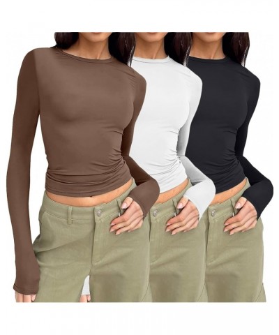 Womens Short/Long Sleeve Ribbed Crop Tops Basic Slim Fitted Shirts Casual Spring Fashion Y2k Tight Tops 04-brown/White/Black ...