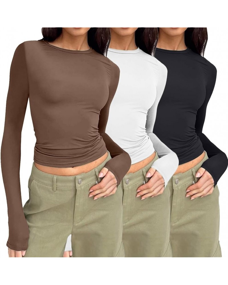 Womens Short/Long Sleeve Ribbed Crop Tops Basic Slim Fitted Shirts Casual Spring Fashion Y2k Tight Tops 04-brown/White/Black ...