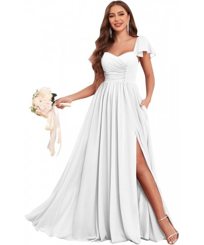 Women's Ruffles Sleeve Bridesmaid Dresses with Pockets Buttons Flowy Chiffon Long Formal Dress White $32.90 Dresses