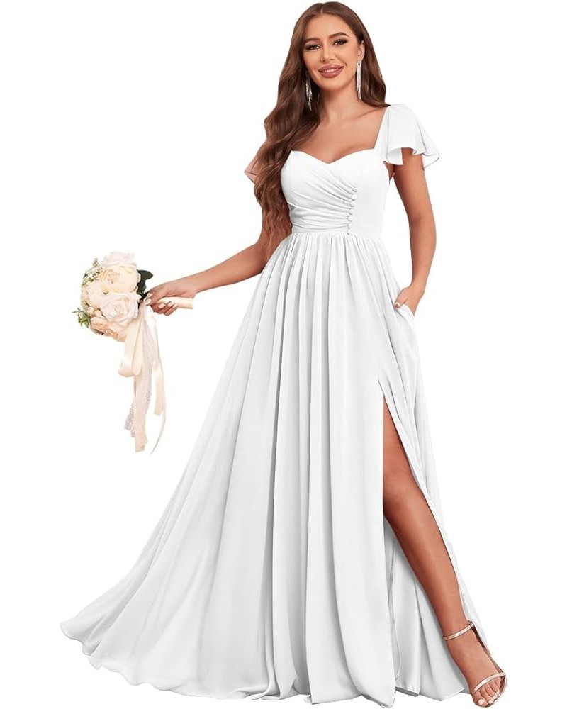Women's Ruffles Sleeve Bridesmaid Dresses with Pockets Buttons Flowy Chiffon Long Formal Dress White $32.90 Dresses