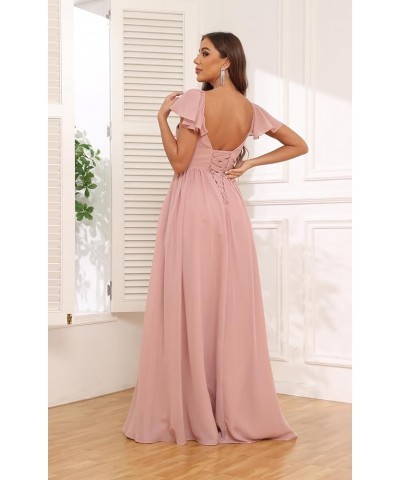 Women's Ruffles Sleeve Bridesmaid Dresses with Pockets Buttons Flowy Chiffon Long Formal Dress White $32.90 Dresses