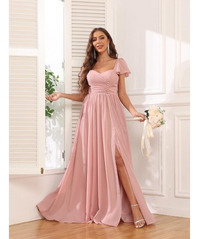 Women's Ruffles Sleeve Bridesmaid Dresses with Pockets Buttons Flowy Chiffon Long Formal Dress White $32.90 Dresses