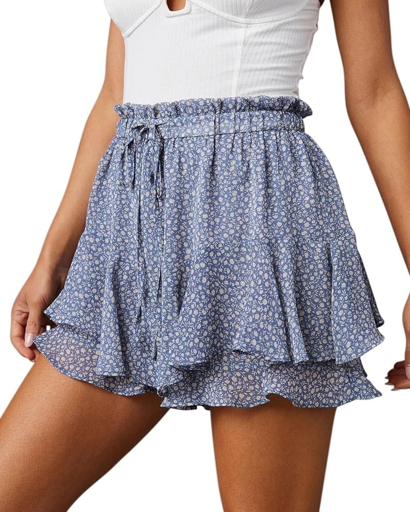 Flowy Shorts for Women Casual Boho Floral Skorts Ruffle Mini Skirts Running Tennis Butterfly Shorts Chiffon Shorts Floral Blu...