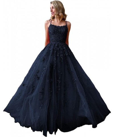 Prom Dresses Long Ball Gown for Women Spaghetti Straps Tulle A-Line Sexy Backless Formal Party Gowns with Pockets Navy Blue $...