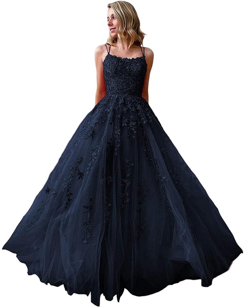 Prom Dresses Long Ball Gown for Women Spaghetti Straps Tulle A-Line Sexy Backless Formal Party Gowns with Pockets Navy Blue $...