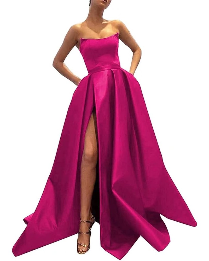 Women's One Shoulder Prom Dresses Satin High Slit A-Line Long Formal Party Gowns YXXY599 2style-fuchsia $39.71 Dresses