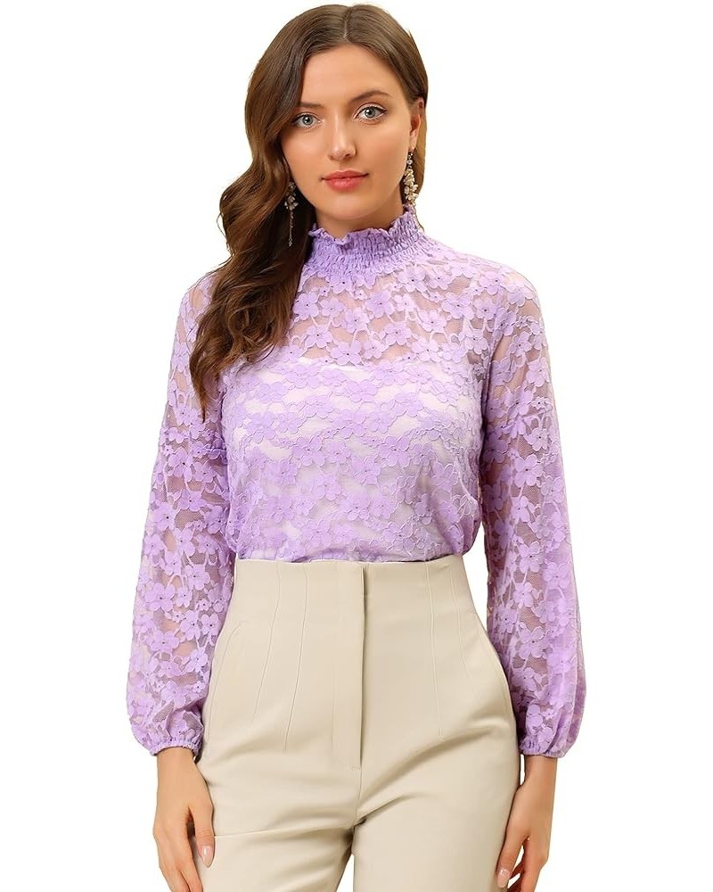 Women's Floral Lace Top Turtleneck Puff Long Sleeve See Through Sheer Blouse Light Purple $18.69 Blouses