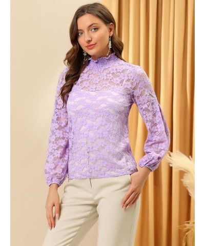 Women's Floral Lace Top Turtleneck Puff Long Sleeve See Through Sheer Blouse Light Purple $18.69 Blouses