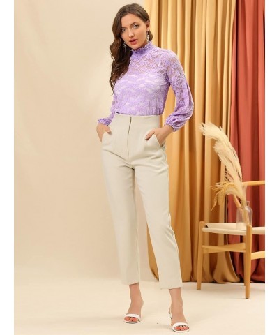 Women's Floral Lace Top Turtleneck Puff Long Sleeve See Through Sheer Blouse Light Purple $18.69 Blouses