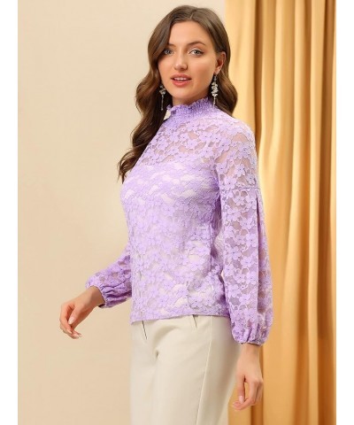 Women's Floral Lace Top Turtleneck Puff Long Sleeve See Through Sheer Blouse Light Purple $18.69 Blouses