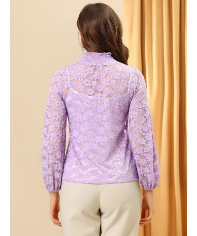 Women's Floral Lace Top Turtleneck Puff Long Sleeve See Through Sheer Blouse Light Purple $18.69 Blouses