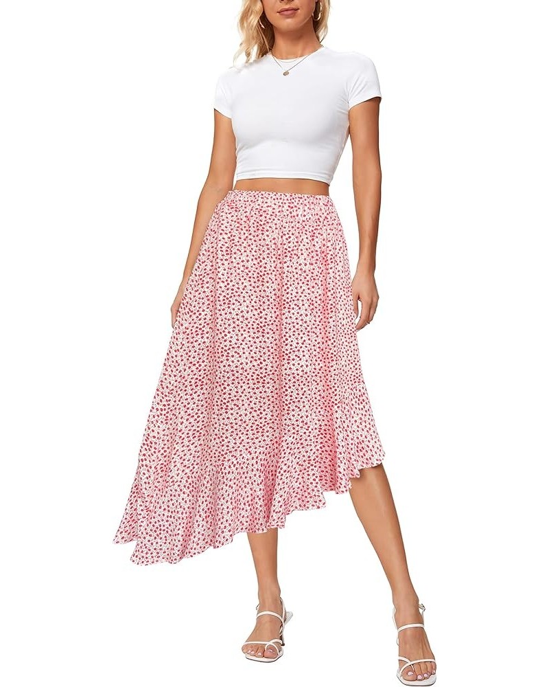 Women's Boho Floral Print High Waist High Low Asymmetric Split Ruffle Hem Midi Skirt Red Flower $11.52 Skirts