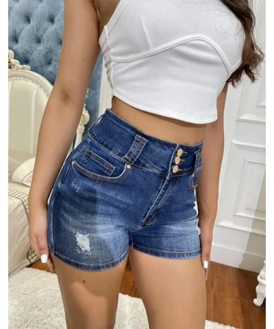 Ripped High Waist Butt Lifting Shorts for Women Denim Jeans Shorts Frayed Raw Mid Blue $19.23 Shorts