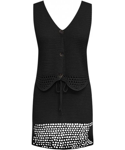 Crochet Swimsuit Cover Up for Women 2024 Wave Pattern Hollow Out Knit Bikini Bathing Suit Beach Dresses Skirt Swim Dress Blac...