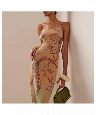 Women Floral Print Maxi Sexy Dress Spaghetti Strap Low Cut Backless Midi Bodycon Dresses Summer Beach Yellow $12.31 Dresses