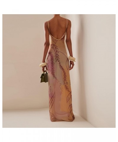 Women Floral Print Maxi Sexy Dress Spaghetti Strap Low Cut Backless Midi Bodycon Dresses Summer Beach Yellow $12.31 Dresses